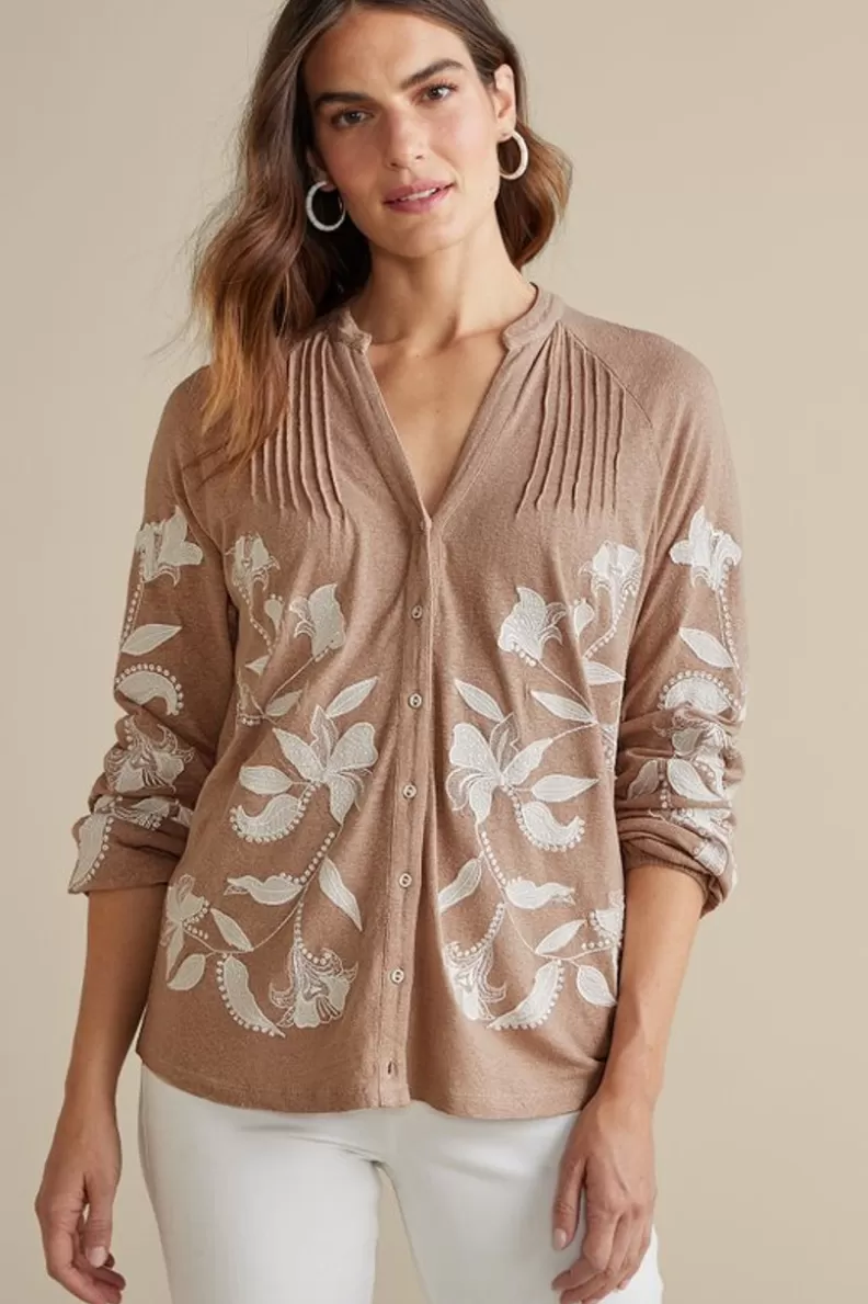 Soft Surroundings Alva Embroidered Knit Top Beige Hot