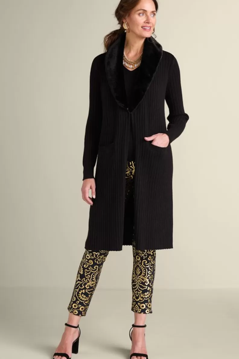 Soft Surroundings Amalie Faux Fur Collar Ribbed Cardigan Black Fashion
