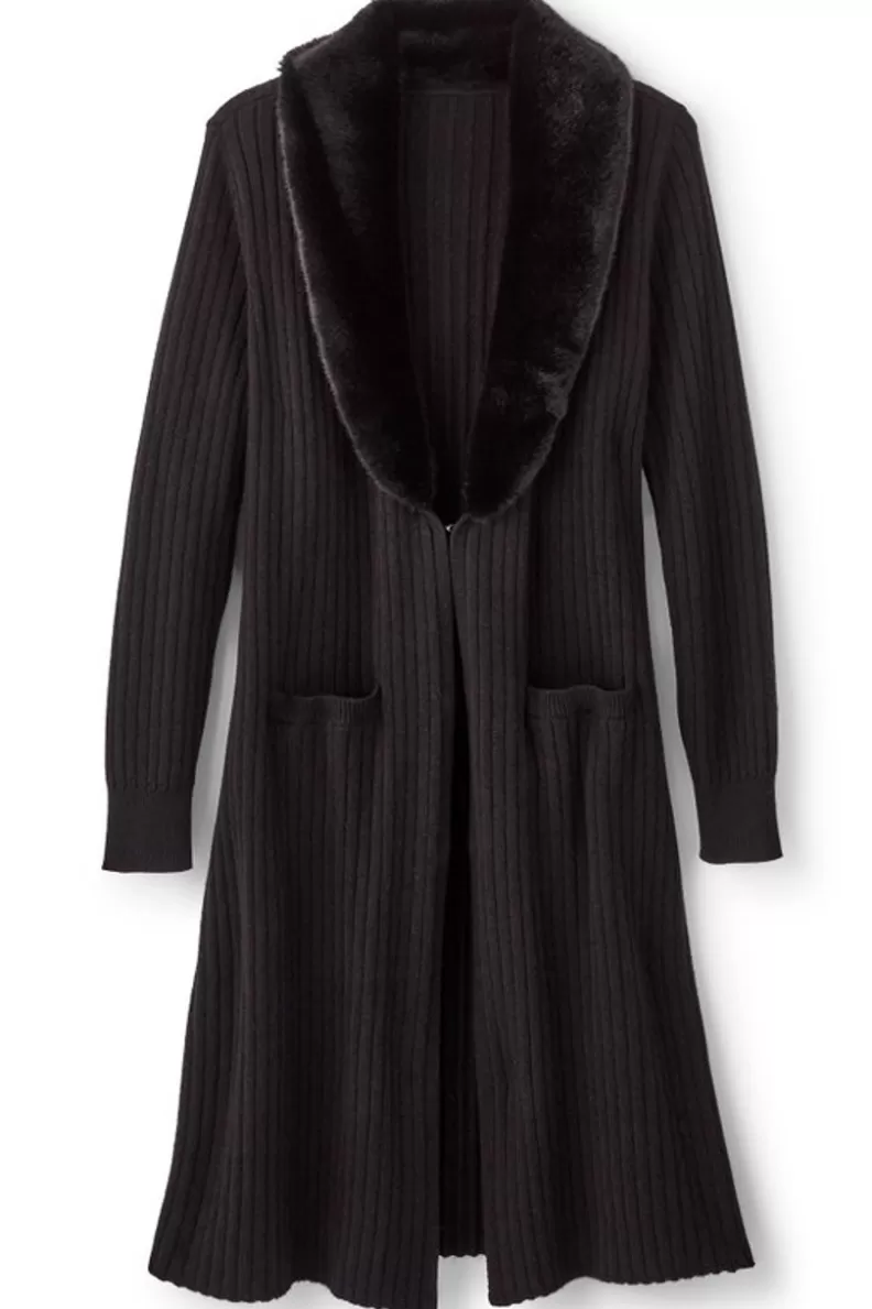 Soft Surroundings Amalie Faux Fur Collar Ribbed Cardigan Black Fashion