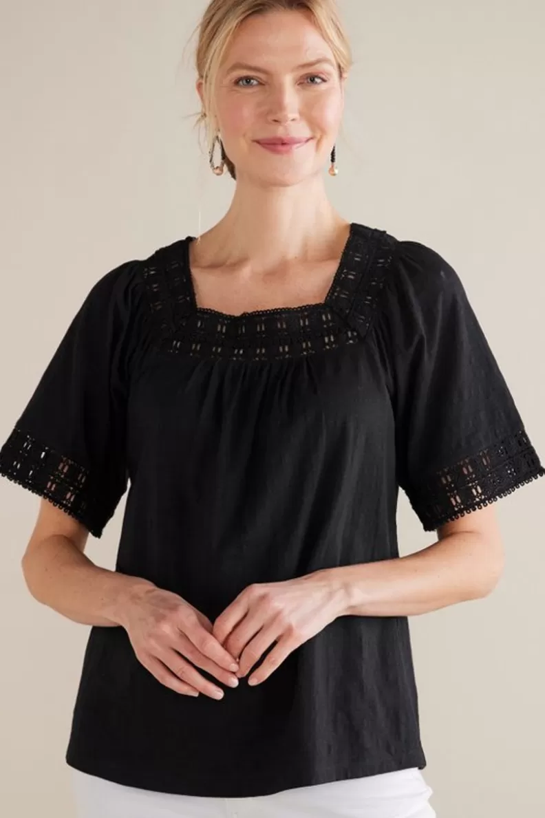 Soft Surroundings Brianna Crochet Knit Tee Black Fashion
