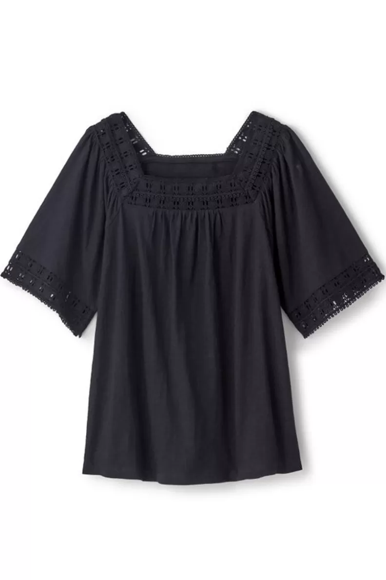 Soft Surroundings Brianna Crochet Knit Tee Black Fashion