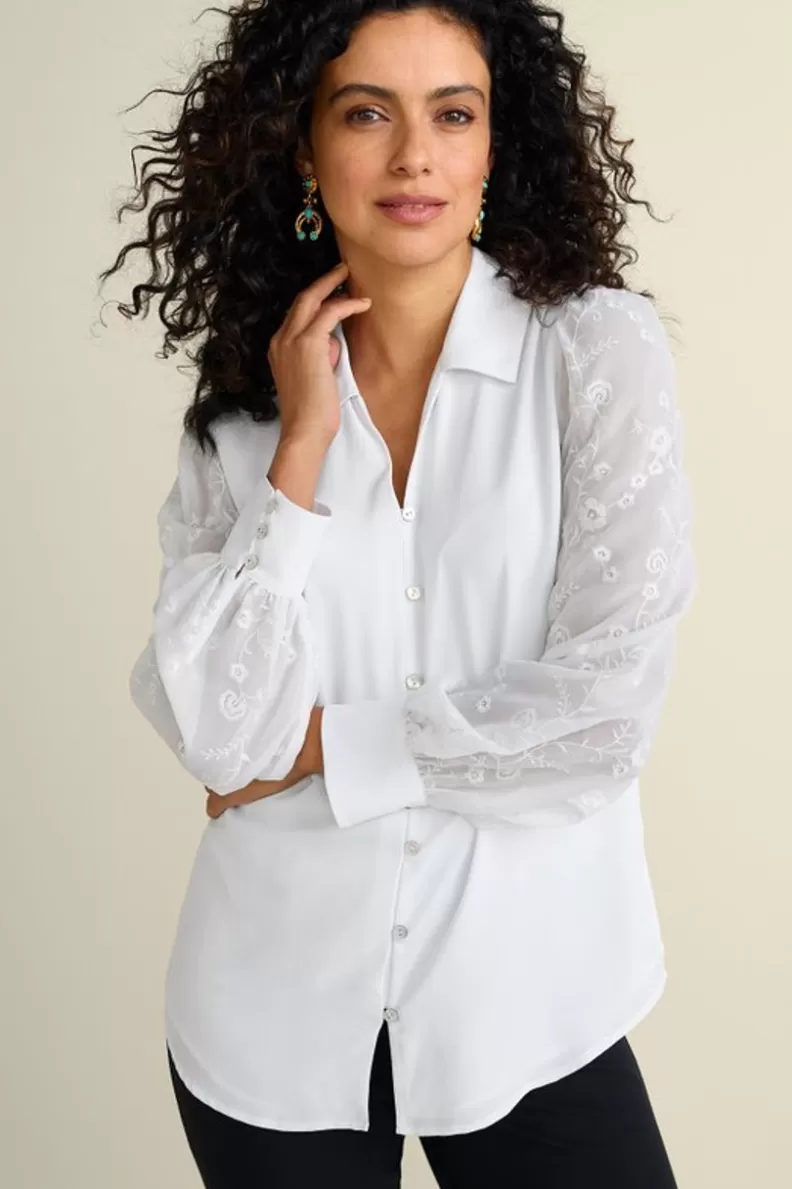 Soft Surroundings Calathea Embroidered Sleeve Shirt White Flash Sale