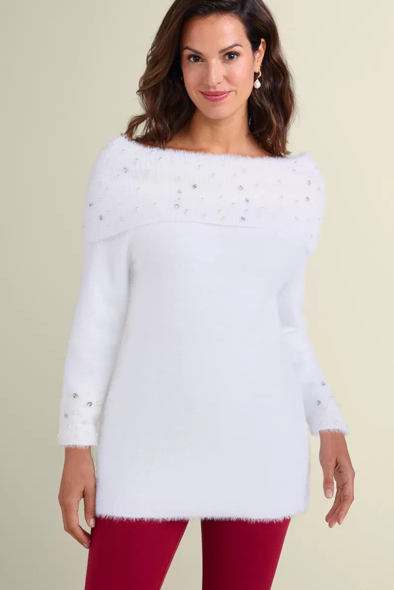 Soft Surroundings Christina Embellished Cowl Neck Sweater Tunic IvoryPearl Hot
