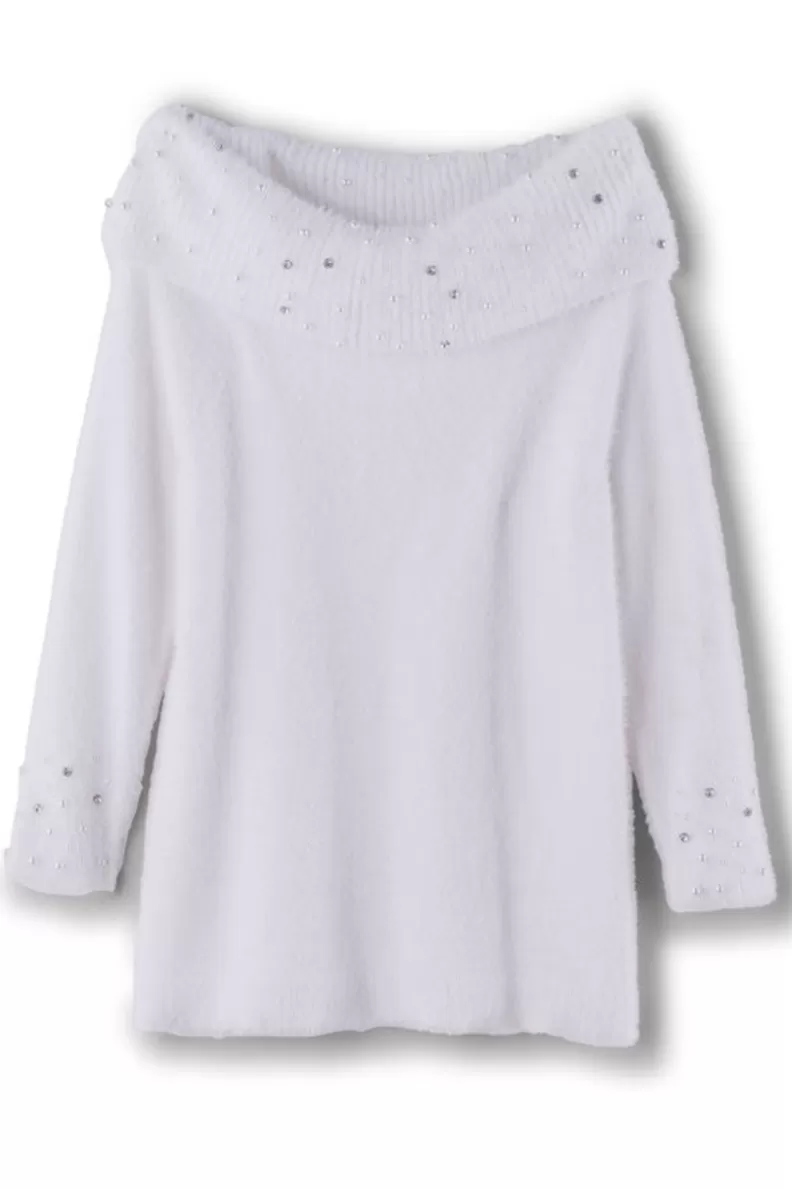Soft Surroundings Christina Embellished Cowl Neck Sweater Tunic IvoryPearl Hot