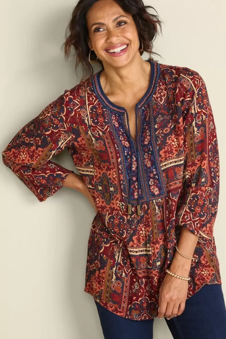 Soft Surroundings Cindra Embroidered Gauze Tunic RivieraPatchworkBurgund Fashion