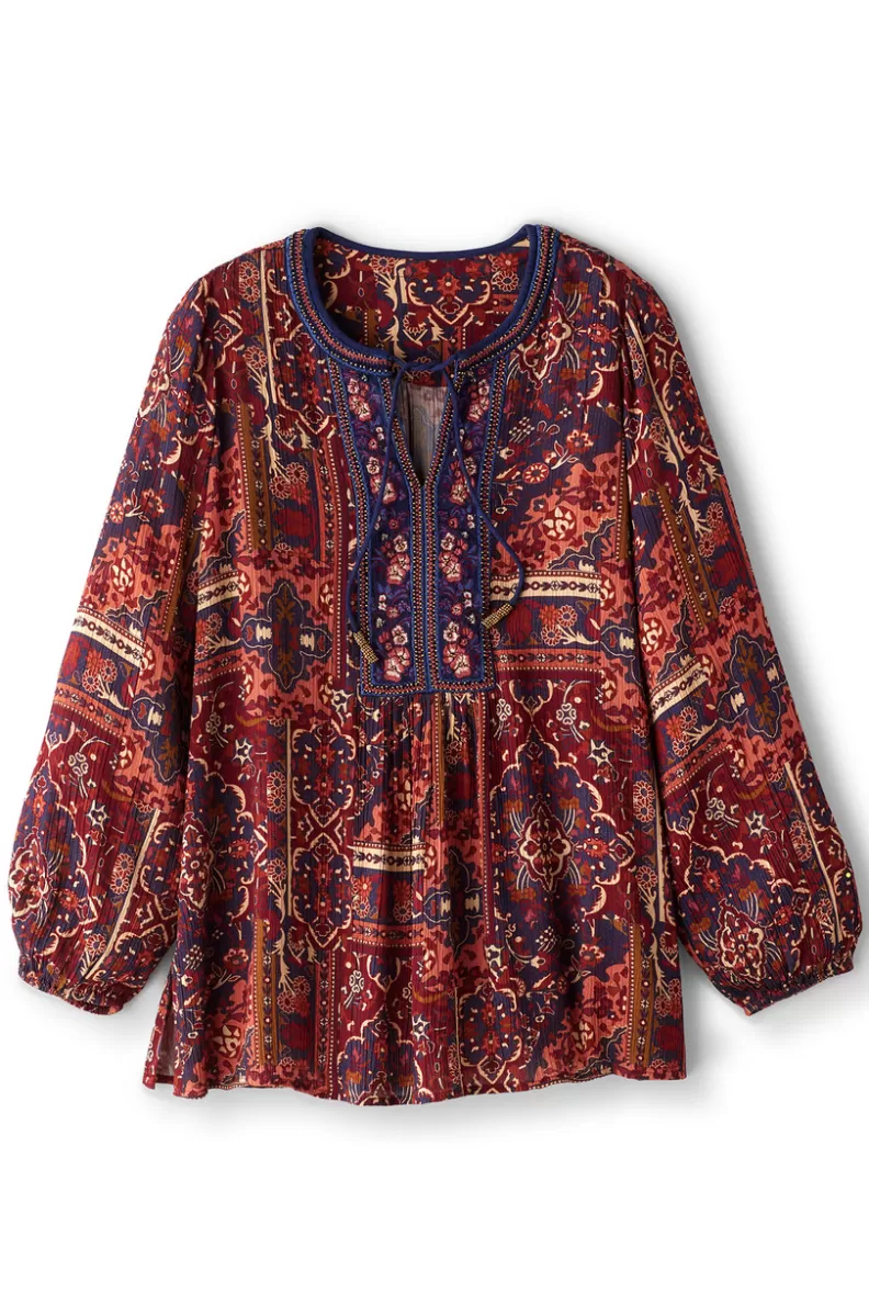Soft Surroundings Cindra Embroidered Gauze Tunic RivieraPatchworkBurgund Fashion
