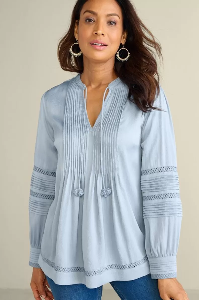 Soft Surroundings Connie Lace Trim Crepe Top BlueFog Best