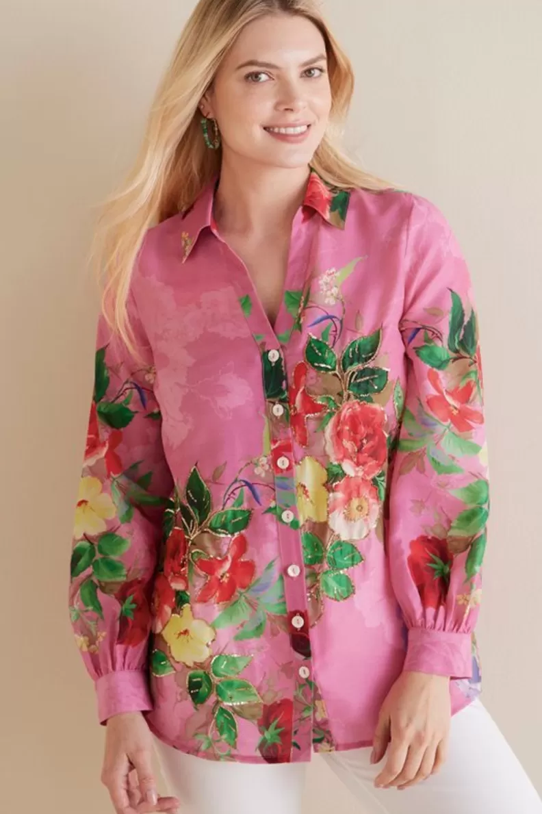 Soft Surroundings Danica Embellished Shirt Red/PinkFloral Flash Sale