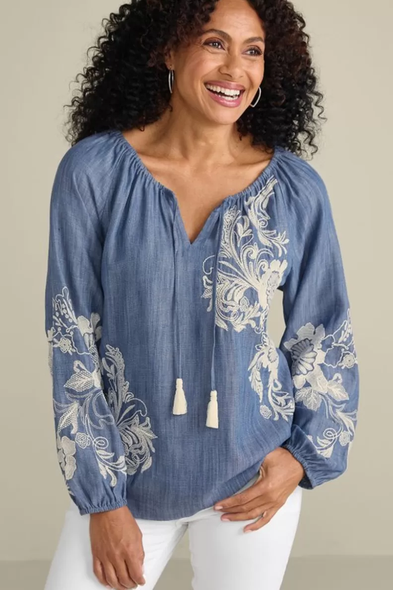 Soft Surroundings Diya Embroidered Tencel™ Peasant Top MediumWash Clearance