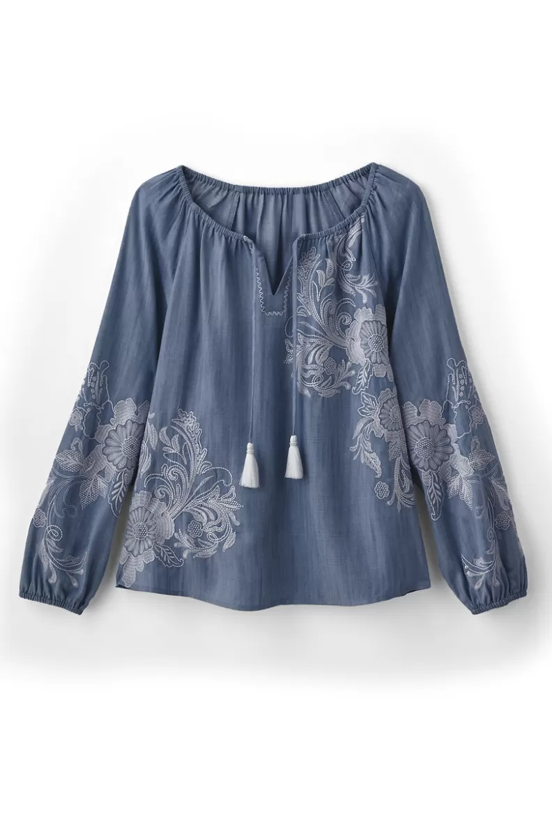 Soft Surroundings Diya Embroidered Tencel™ Peasant Top MediumWash Clearance