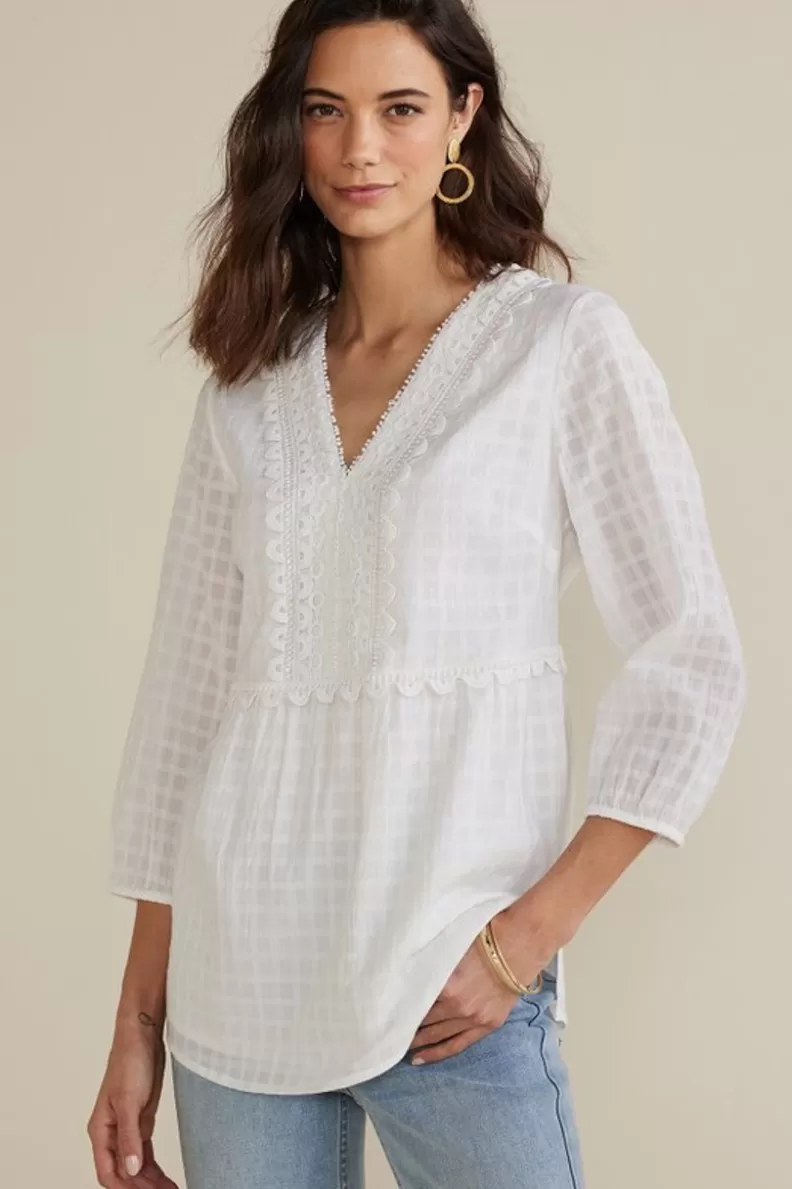 Soft Surroundings Elodie Windowpane Gauze Top Navy Sale