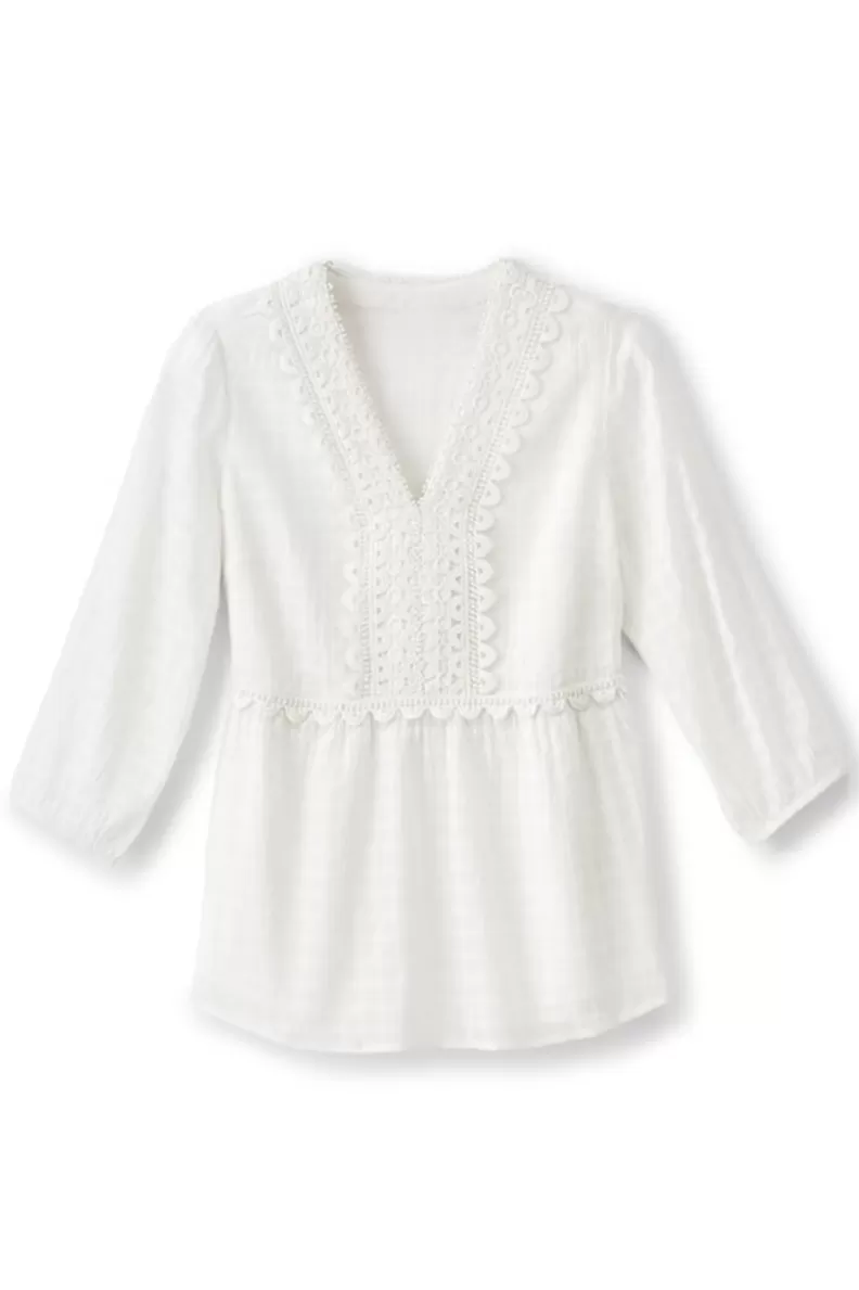 Soft Surroundings Elodie Windowpane Gauze Top Navy Sale