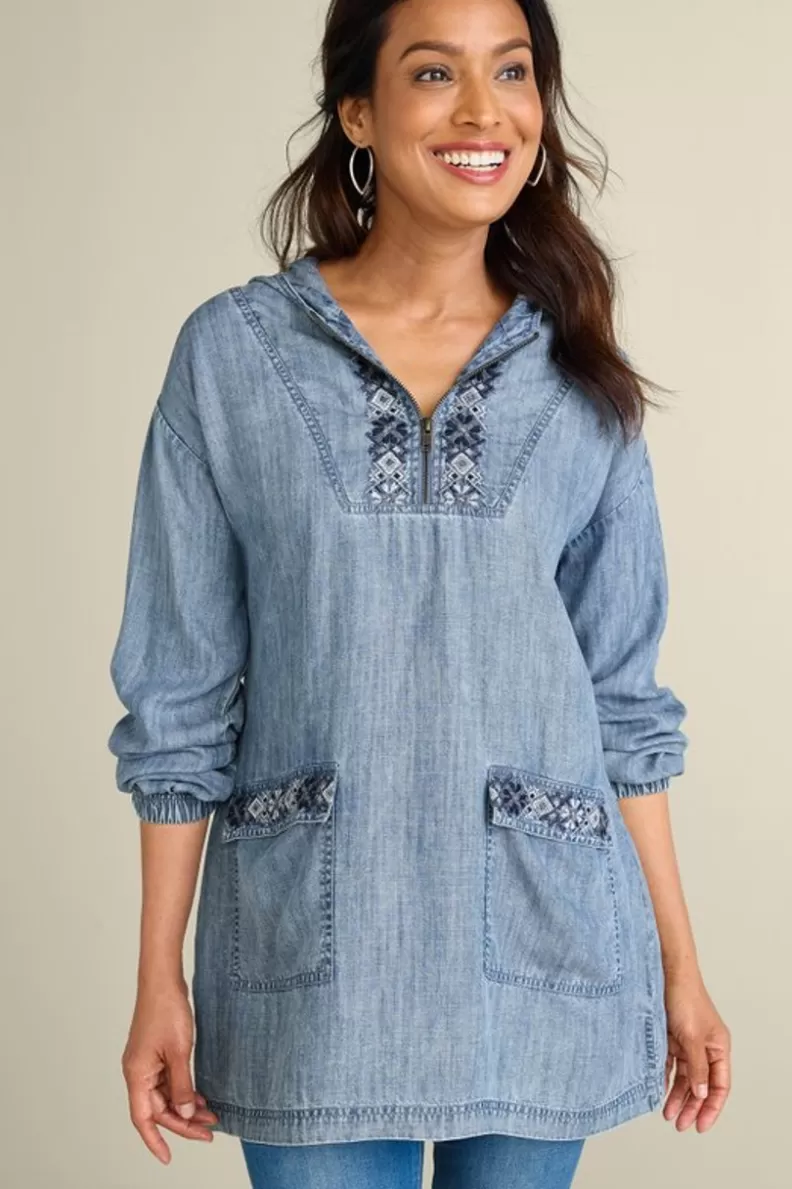 Soft Surroundings Evie Embroidered Tencel Hoodie WashedBlue Best