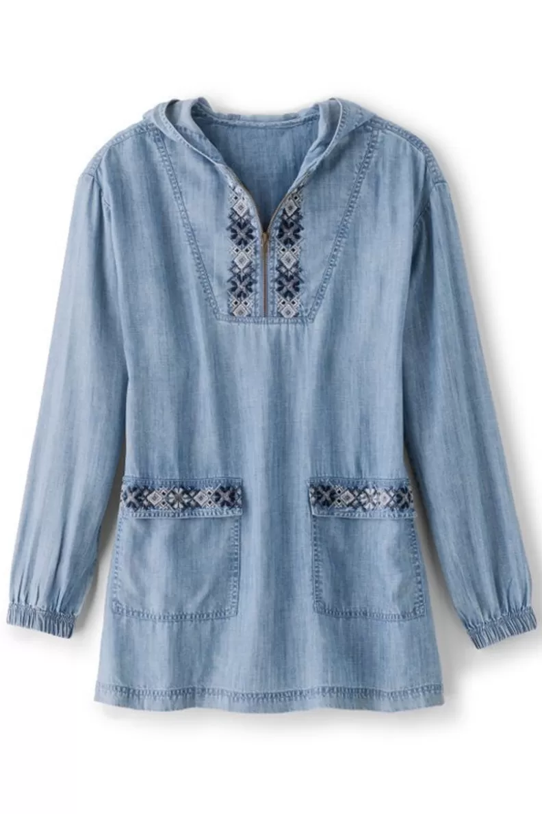 Soft Surroundings Evie Embroidered Tencel Hoodie WashedBlue Best