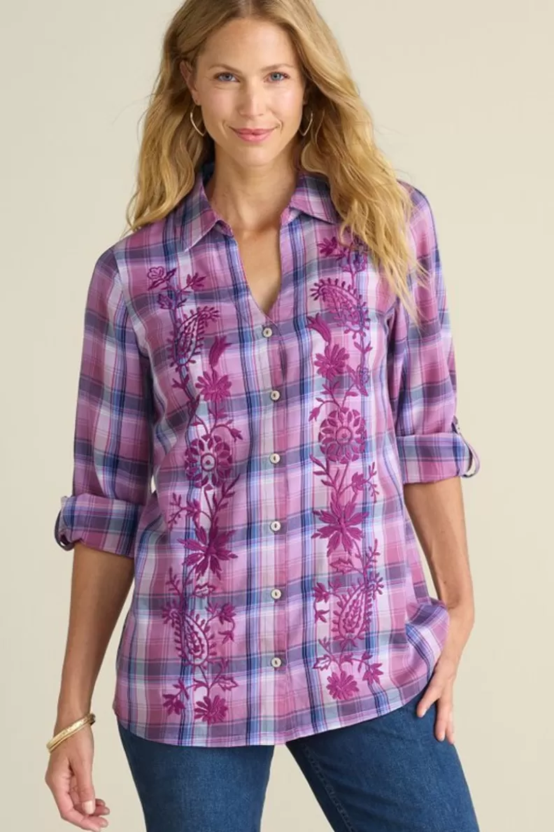 Soft Surroundings Gracie Embroidered Plaid Big Shirt BayAreaPlaid Best Sale