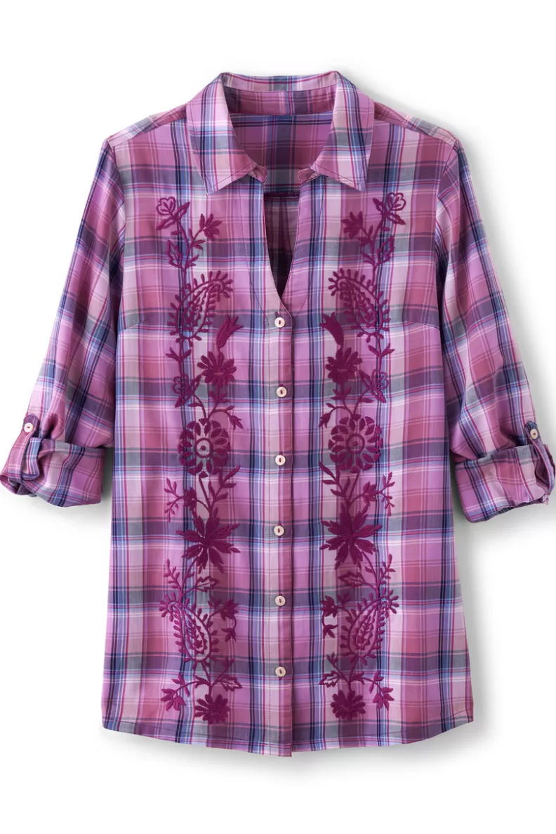 Soft Surroundings Gracie Embroidered Plaid Big Shirt BayAreaPlaid Best Sale
