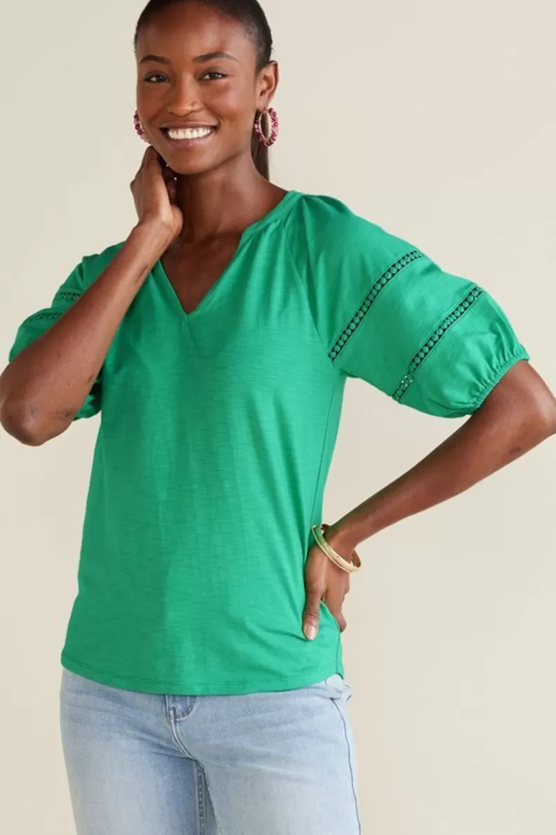 Soft Surroundings Heidi Supima Puff Sleeve Tee HollyGreen Outlet