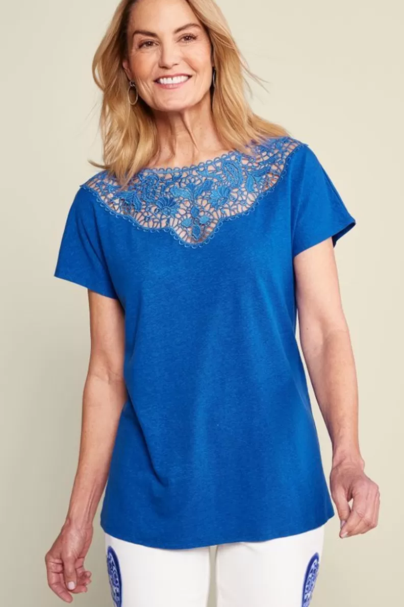 Soft Surroundings Luella Linen Blend Lace Tee Sapphire Discount