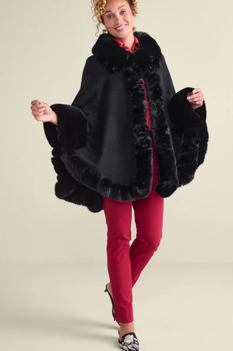 Soft Surroundings Mila Faux Fur Trim Cape Black Store