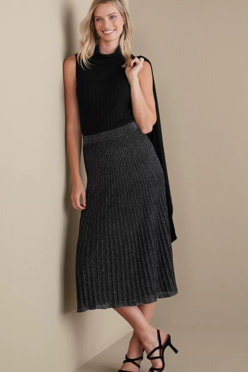 Soft Surroundings Nisha Knit Pleated Skirt Black/Silver Hot