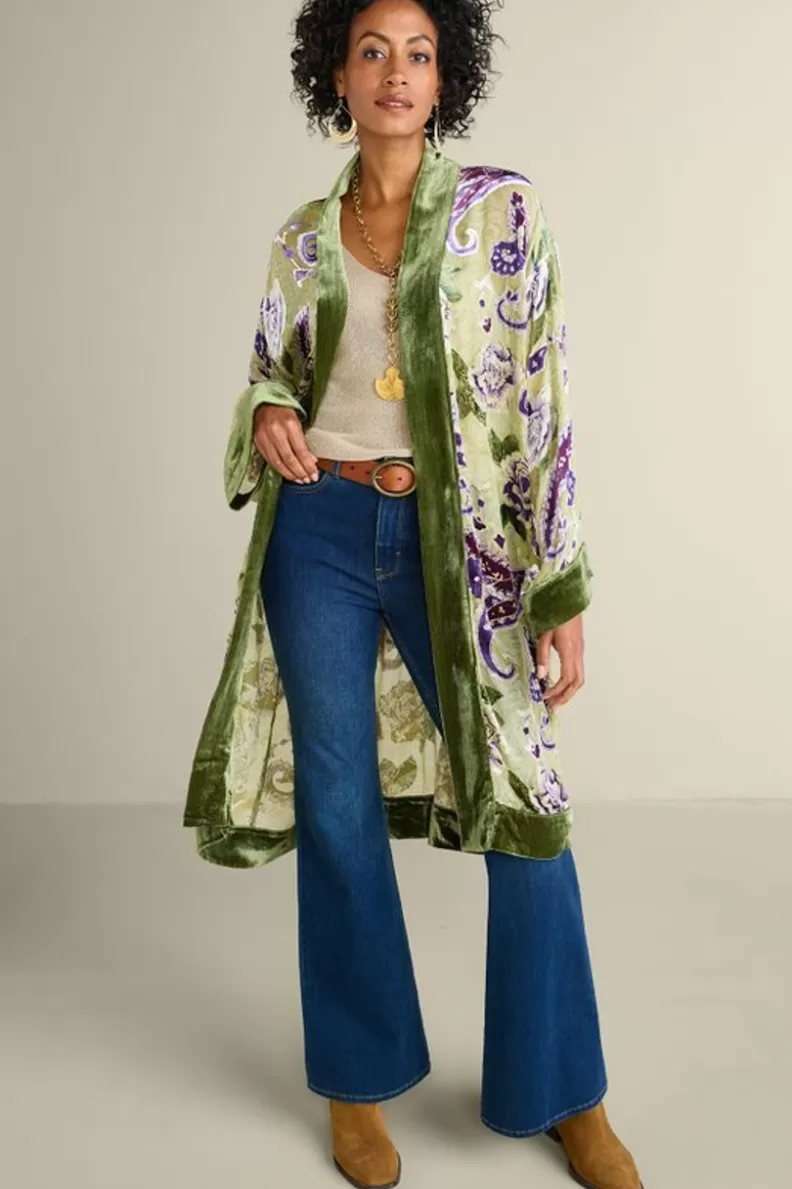 Soft Surroundings Nomi Silk Blend Velvet Kimono Purple/GreenPaisley Fashion