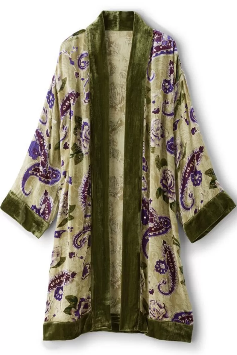 Soft Surroundings Nomi Silk Blend Velvet Kimono Purple/GreenPaisley Fashion