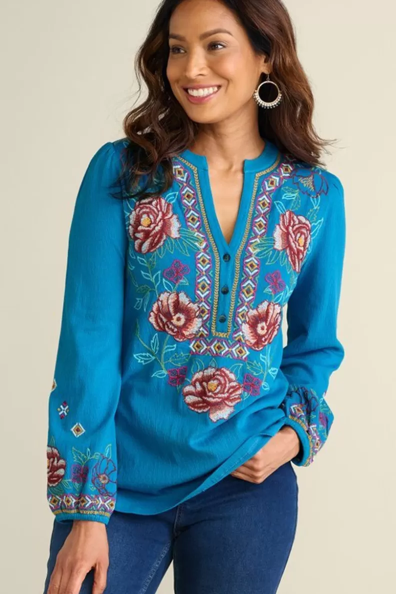 Soft Surroundings Riva Embroidered Knit Gauze Top BlueSapphire Best