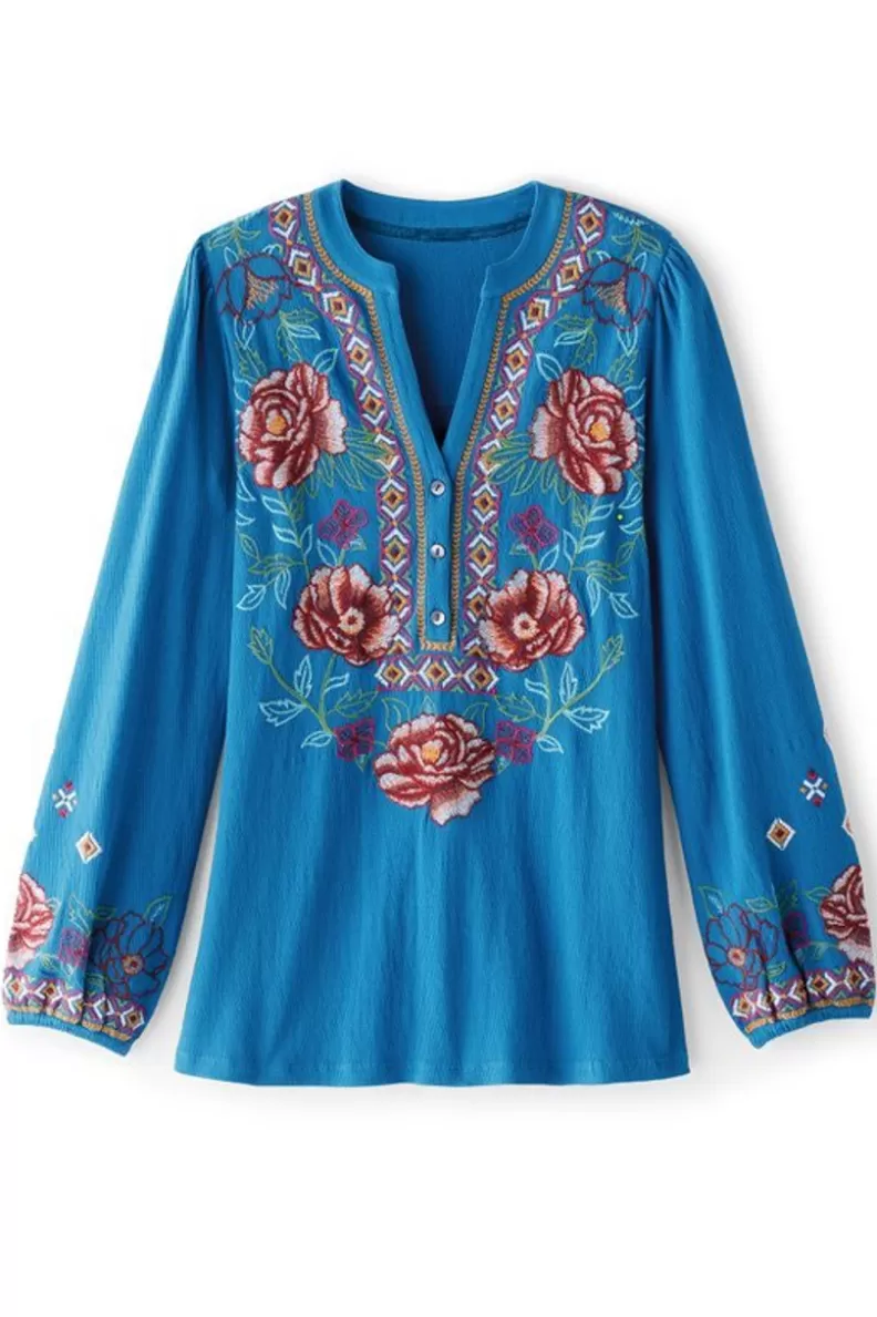 Soft Surroundings Riva Embroidered Knit Gauze Top BlueSapphire Best